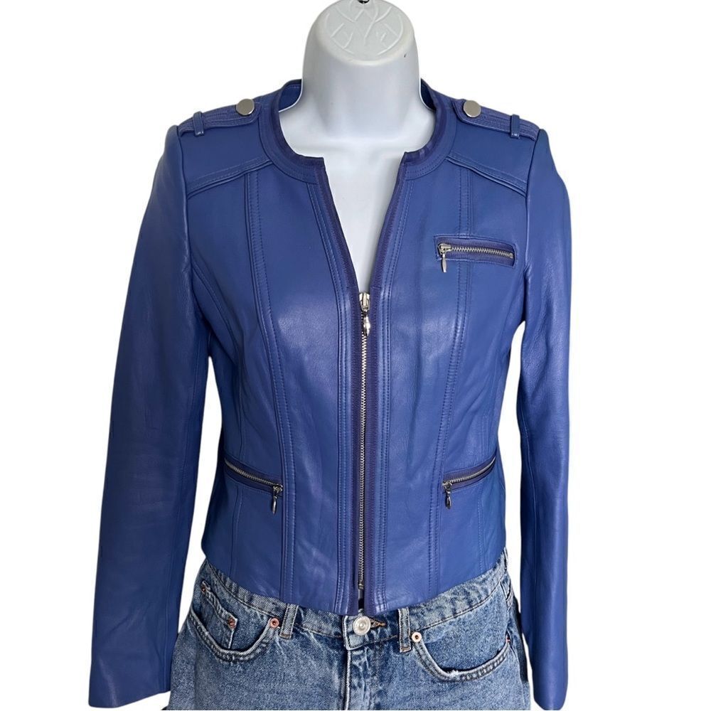 WHITE HOUSE Black Market Blue Leather Jacket Size S